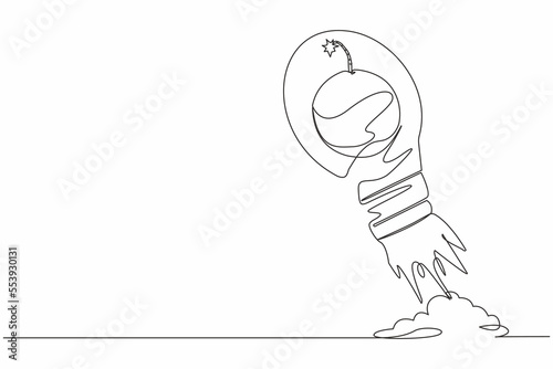 Continuous one line drawing bomb launching with light bulb. Anticipation economic or financial crisis in startup business. Boosting ideas planning strategy. Single line draw design vector illustration