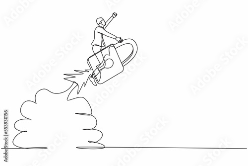 Single one line drawing of businessman riding padlock rocket flying in the sky. Improve startup business security. Keeping financial value high. Continuous line draw design graphic vector illustration