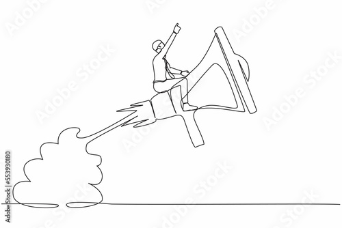 Single continuous line drawing businessman riding megaphone rocket flying in the sky. Fast communication, business soft skill to communicate with team or customer. One line design vector illustration