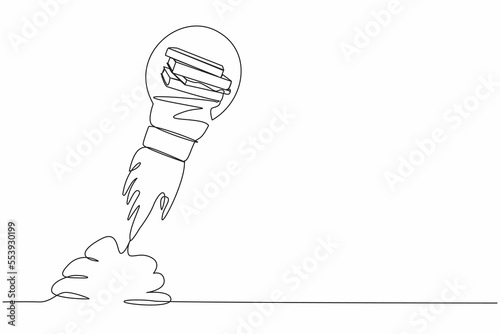 Single one line drawing pile of book launching with light bulb. Concept of knowledge, space, wisdom. Bookstore or book festival and fair. Modern continuous line draw design graphic vector illustration