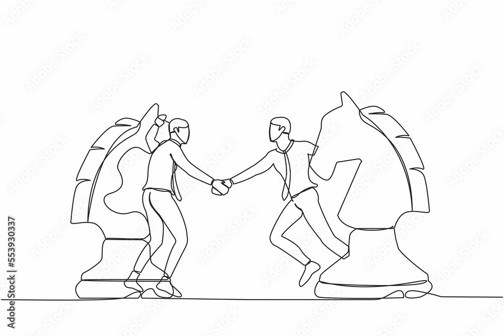 Continuous one line drawing businessman competitors standing on horse chess piece, handshaking after finish agreement. Negotiation strategy, win-win situation. Single line design vector illustration