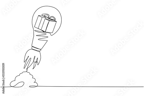 Single one line drawing of gift box launching with light bulb. Fast delivery online service, technology transportation express logistic company. Continuous line draw design graphic vector illustration