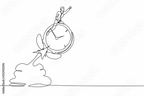 Single one line drawing businessman riding alarm clock rocket flying in the sky. Time management, manage to finish project with deadline, productivity. Continuous line draw design vector illustration