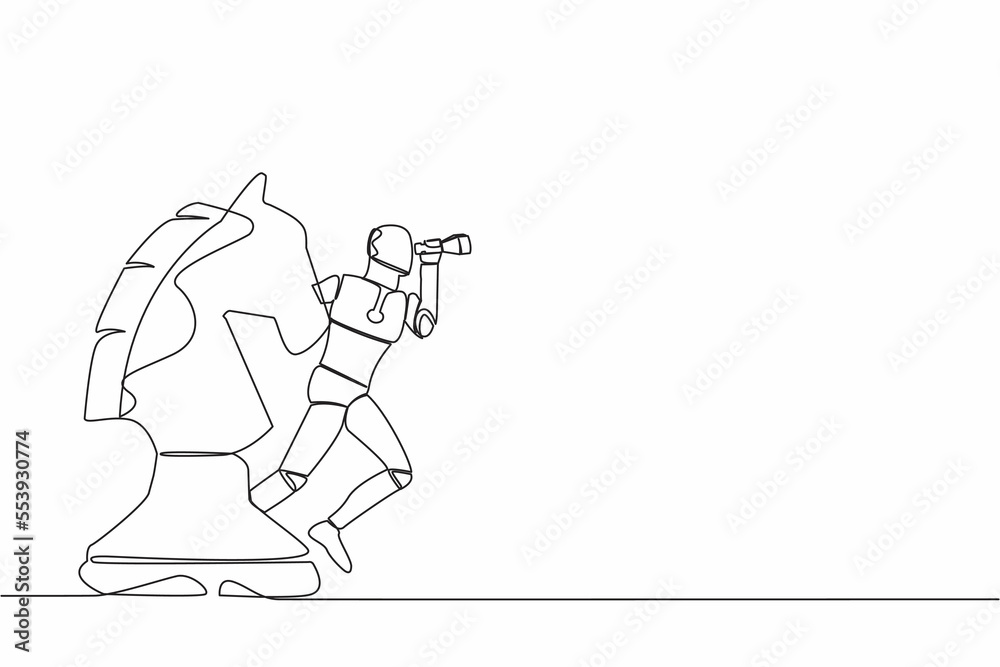 Continuous one line draw robot standing on horse chess piece using telescope to see business vision. Success strategy in tech industry. Artificial intelligence. Single line design vector illustration