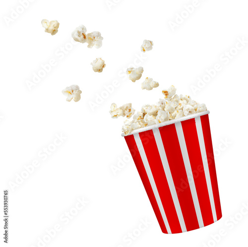 Popcorn bucket, realistic pop corn container. Vector mock up of white and red bucket with flying out snack seeds. Striped paper box with popcorn, isolated 3d design for cinema or movie theater