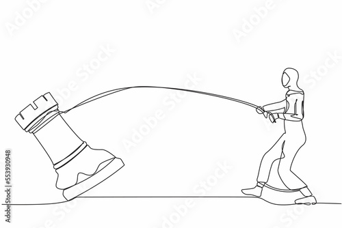 Continuous one line drawing active Arab businesswoman pulling big rook chess with rope. Business achievement goal, idea, strategy, competitive, strategic. Single line draw design vector illustration