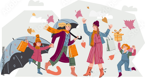 Women and children in autumn walking and going for shopping. Autumn fall season banner with mothers and children characters.