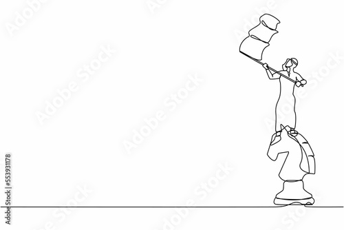Continuous one line drawing Arab businessman standing on top of big horse chess piece and waving flag. Defeat competitors in business as winning chess game. Single line draw design vector illustration