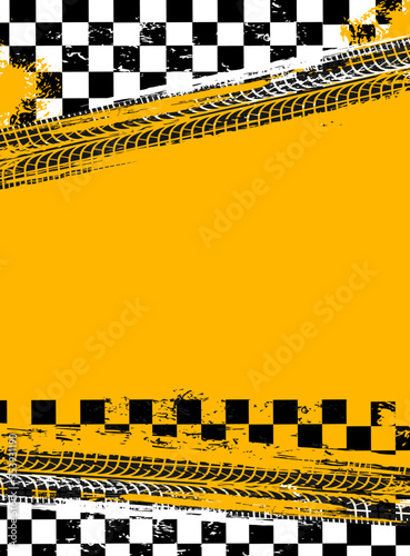 Grunge race sport flag background. Vector design with black racing tire tracks, checkered rally flag on yellow backdrop. Off road tyre prints, car protectors treads, spots or marks for motocross promo