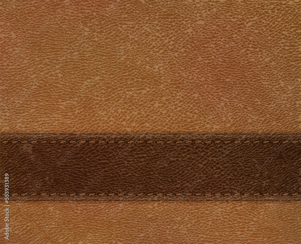 Fototapeta premium Brown leather stripe on beige leather background - eps10. Realistic vector illustration. Vintage styled label backdrop.
