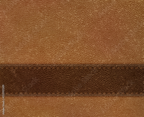 Brown leather stripe on beige leather background - eps10. Realistic vector illustration. Vintage styled label backdrop.