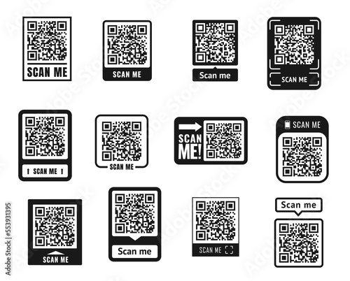 Scan me QR code sticker icons. Phone barcode scanner, application qrcode symbol, product info or identity vector tag, shop quick cashless payment scan me with pictograms or stickers