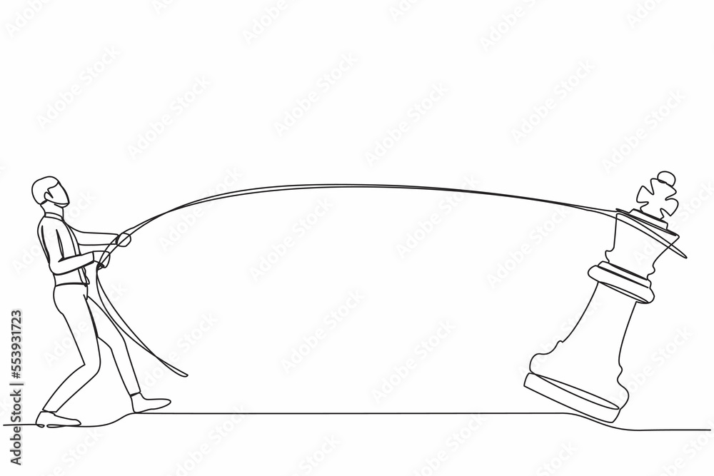 Single continuous line drawing businessman pulling big king chess with rope. Business achievement, strategy. Competitive worker in market competition. One line draw graphic design vector illustration Single continuous line drawing businessman pulling big king chess with rope. Business achievement, strategy. Competitive worker in market competition. One line draw graphic design vector illustration