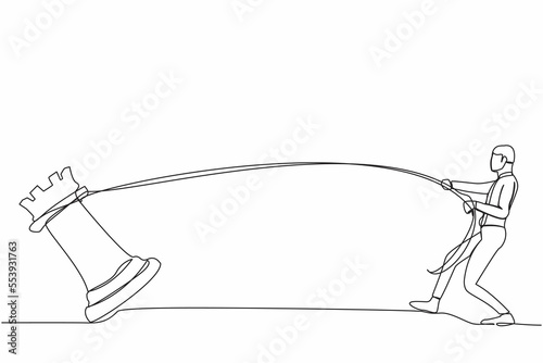 Single continuous line drawing businessman pulling big rook chess with rope. Business achievement goal, idea, strategy, competitive, strategic concept. One line draw graphic design vector illustration