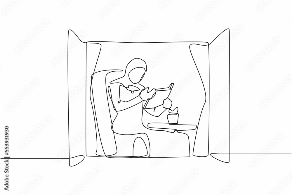 Single continuous line drawing young Arab woman reading book. Businesswoman reader. Person update knowledge, sitting in armchair by window in living room. One line graphic design vector illustration