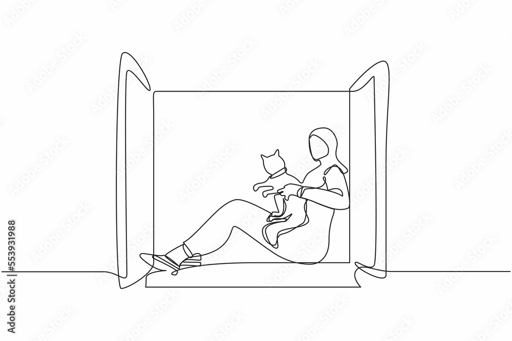Single one line drawing young Arabian woman sitting on windowsill and holding cat. Happy girl with her pet, urban lifestyle. Resting during pandemic. Continuous line design graphic vector illustration Single one line drawing young Arabian woman sitting on windowsill and holding cat. Happy girl with her pet, urban lifestyle. Resting during pandemic. Continuous line design graphic vector illustration