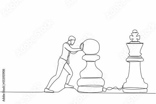 Continuous one line drawing intellect businessman push huge pawn chess piece to beat king. Strategic thinking and smart move in business play game. Single line draw design vector graphic illustration