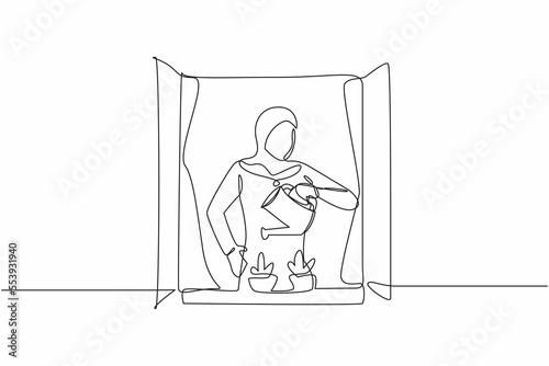 Single one line drawing active Arab woman watering flowers on the balcony. Young lady doing gardening favorite hobby. Home garden, house plants growing. Continuous line draw design vector illustration