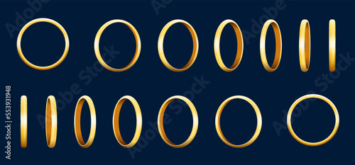 3d golden ring rotate animation, animated game sprite. Gold cartoon vector turning circles ui sequence frame, gui design elements. Yellow glossy assets for user interface, isolated bonus or jewelry