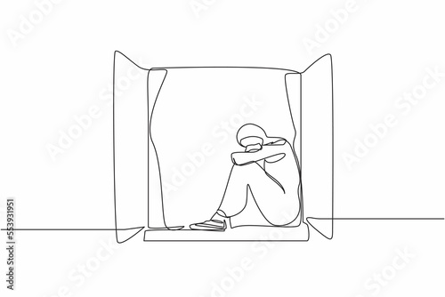 Single one line drawing desperate young Arab woman sitting on windowsill. Upset, depression, stress, melancholy, despair, frustration, life problems. Continuous line design graphic vector illustration