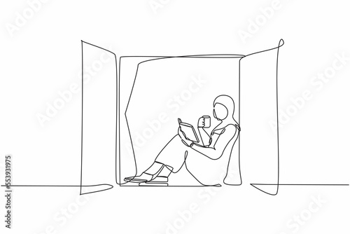 Continuous one line drawing Arabian woman on windowsill reading book with cup of hot coffee or tea. Enjoy fresh air in window of room. Stay at home. Single line draw design vector graphic illustration
