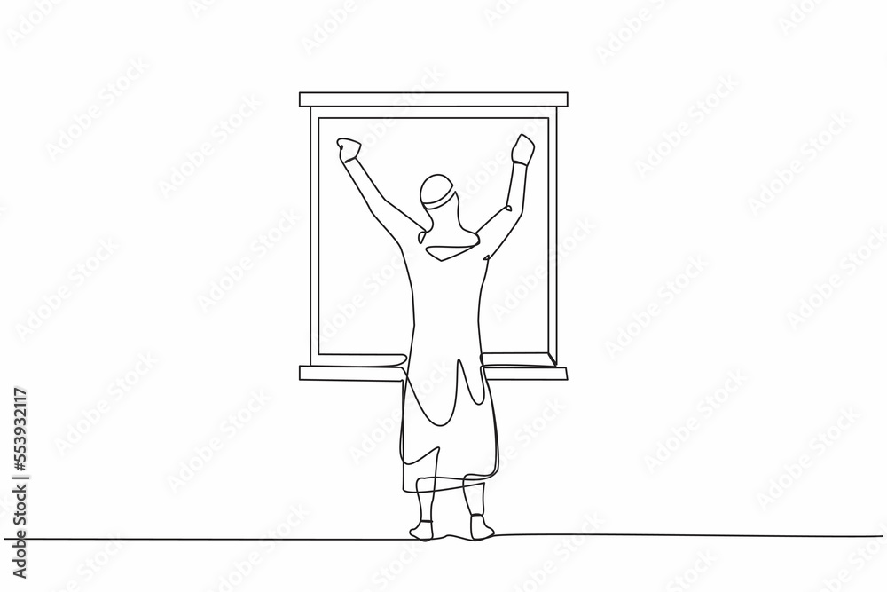 Single continuous line drawing back view relaxed Arabian man stretching arms in window after good night sleep. Good morning concept. Male standing at window. One line draw design vector illustration