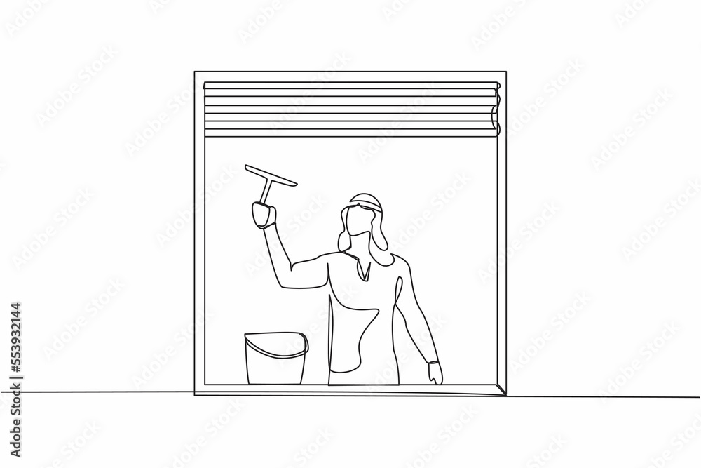Continuous one line drawing Arab man cleaning windows with glass cleaner tools. Washing windows with bucket, detergent, wet rag. Housework. Domestic work. Single line draw design vector illustration Continuous one line drawing Arab man cleaning windows with glass cleaner tools. Washing windows with bucket, detergent, wet rag. Housework. Domestic work. Single line draw design vector illustration