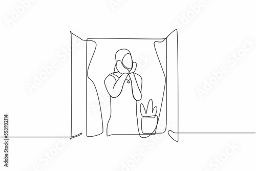 Single one line drawing sad Arab woman sitting near the window with support the chin. Pandemic impact in business, economic recession, market crash. Continuous line design graphic vector illustration