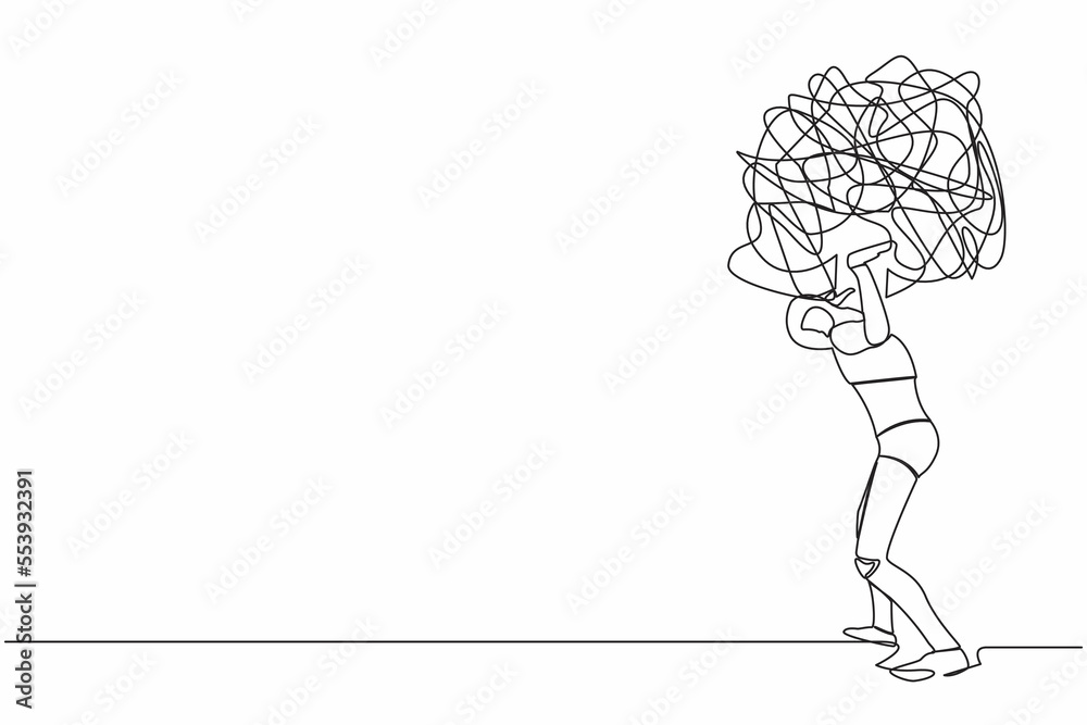 Single continuous line drawing tired robot carrying heavy messy line on his back. Anxiety from work, overload, economic crisis problem. Technology development. One line draw design vector illustration