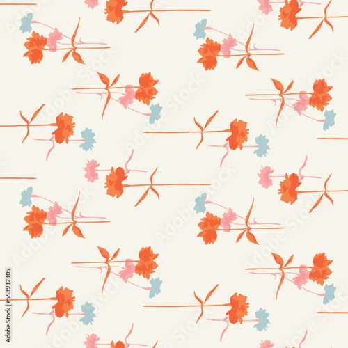 Japanese Colorful Flower Branch  Vector Seamless Pattern
