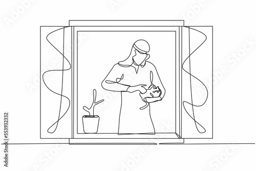 Continuous one line drawing Arab man with plant holding cat and looking through window. Stay home during pandemic. Coronavirus quarantine isolation warning. Single line draw design vector illustration