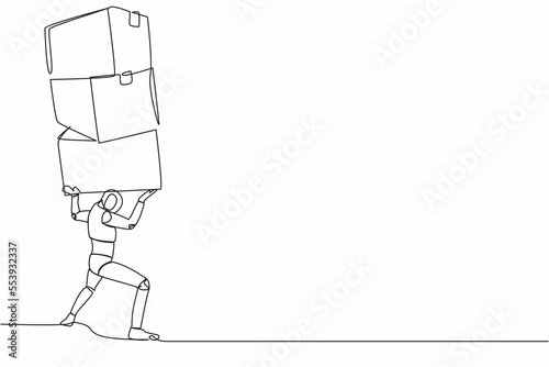Single continuous line drawing of tired robot carrying heavy pile of box on his back. Overworked cyborg with stack of cardboard. Humanoid robot cybernetic organism. One line design vector illustration
