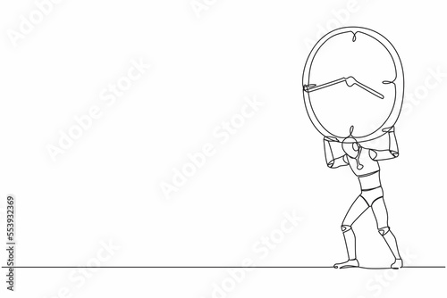 Single one line drawing tired robot carrying heavy clock on his back. Robot work within deadline and timeline, under pressure. Robotic artificial intelligence. Continuous line draw design illustration