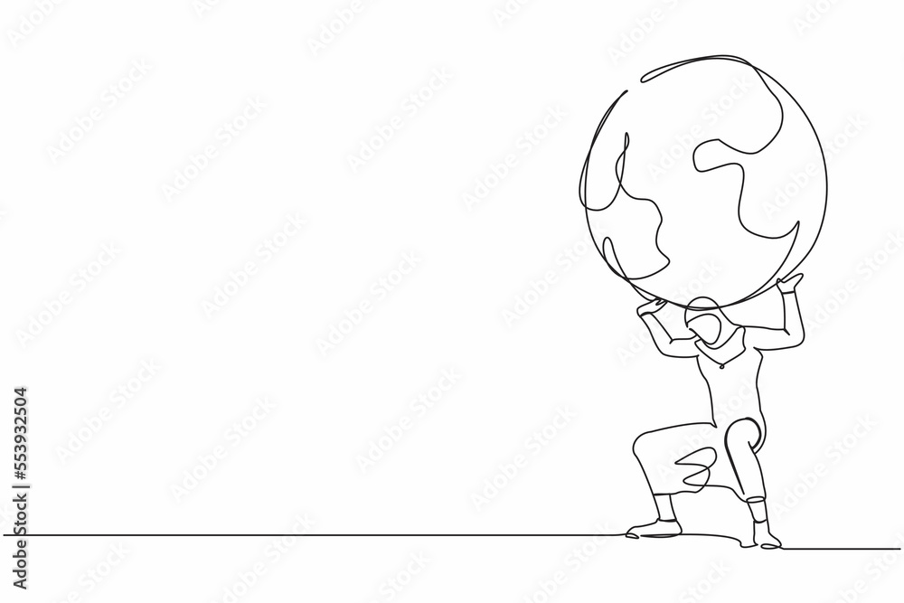 Single continuous line drawing Arab businesswoman carrying heavy globe on  her back. Global warming responsibility, world leader commitment to take  care our planet. One line design vector illustration Stock Vector