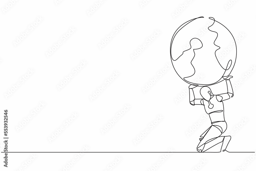 Single one line drawing of tired robot carrying heavy globe on his back. Earth exploitation, industrial pollution. World economic crisis. Future technology. Continuous line design vector illustration