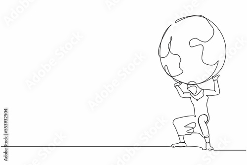 Single continuous line drawing Arab businesswoman carrying heavy globe on her back. Global warming responsibility, world leader commitment to take care our planet. One line design vector illustration