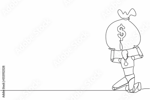 Continuous one line drawing tired robot carrying heavy money bag on his back. Finance crisis money fall down. Economic crash due to pandemic. Future technology. Single line design vector illustration