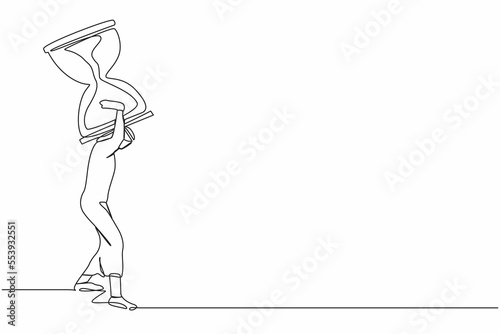 Single continuous line drawing Arab businessman carrying heavy hourglass on his back. Office manager with deadline problem. Schedule of business tasks. One line draw graphic design vector illustration