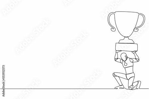 Continuous one line drawing tired robot carrying heavy trophy on his back. Robot fail to achieve goals. Delayed operation at factory. Future robotic development. Single line design vector illustration