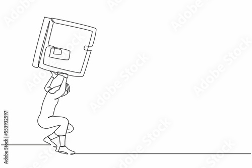 Single one line drawing Arabian businessman carrying heavy safe deposit box on his back. Losing money due to pandemic, entrepreneur with debt and bankruptcy. Continuous line design vector illustration
