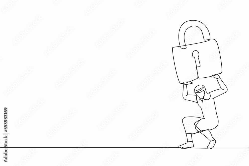 Single one line drawing Arab businessman carrying heavy padlock on his back. Unemployment or debt problem or bankruptcy concept, depressed dying worker. Continuous line draw design vector illustration Single one line drawing Arab businessman carrying heavy padlock on his back. Unemployment or debt problem or bankruptcy concept, depressed dying worker. Continuous line draw design vector illustration