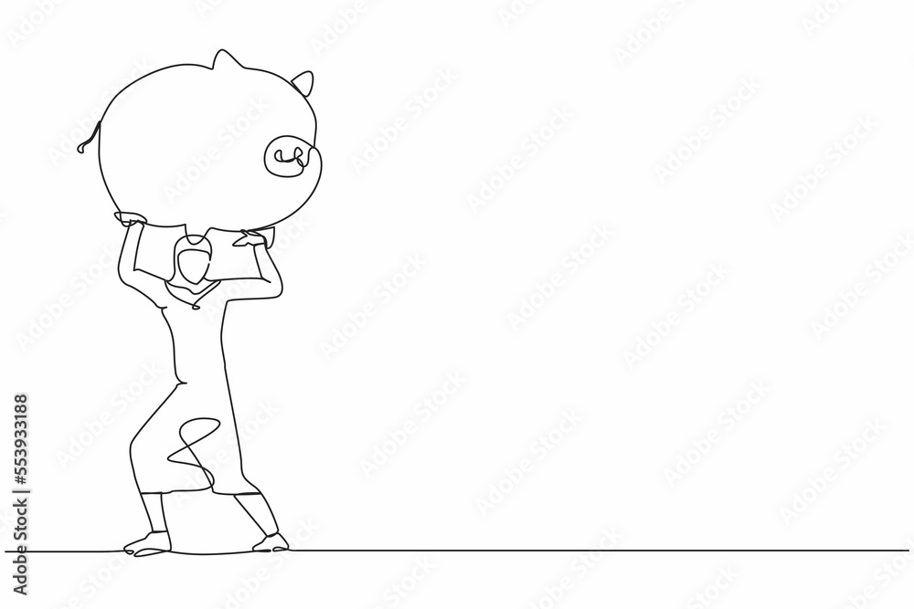 Fototapeta premium Single one line drawing Arab businesswoman carrying heavy piggy bank on her back. Broke or financial problem due to pandemic. Searching money in crisis. Continuous line draw design vector illustration
