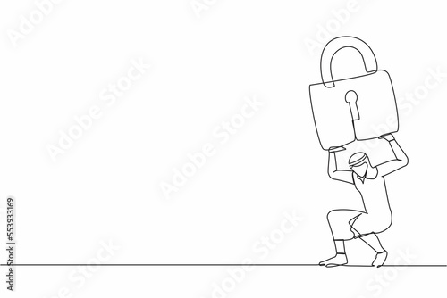 Single one line drawing Arab businessman carrying heavy padlock on his back. Unemployment or debt problem or bankruptcy concept, depressed dying worker. Continuous line draw design vector illustration