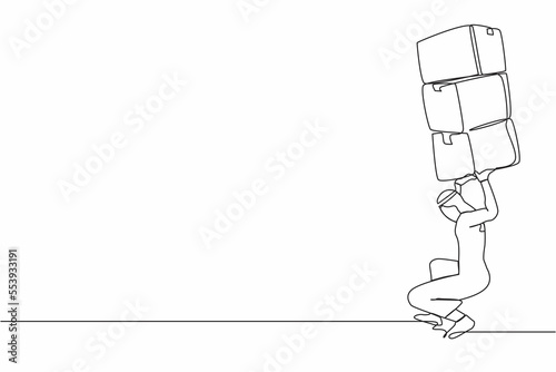 Single continuous line drawing Arabian businessman carrying heavy pile of boxes on his back. Stress at work. Bureaucracy, paperwork, big data concept. One line draw graphic design vector illustration