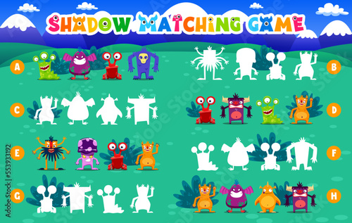 Shadow match game monster characters. Find the correct shade of cartoon alien or mutant personage. Kids matching worksheet  educational riddle for logical mind and brain development for children