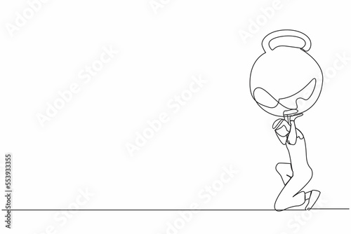 Single continuous line drawing Arab businessman carrying kettlebell on his back. Stressed due to heaviness in business life. Overwork, time management. One line draw graphic design vector illustration