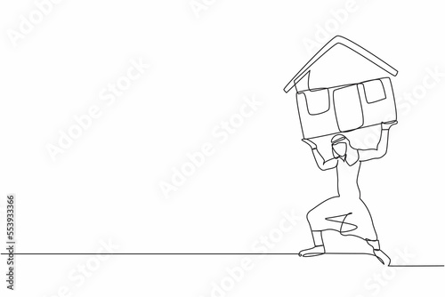 Continuous one line drawing Arabian businessman carrying heavy house on his back. Financial mortgage, need pay taxes expenses. Bank loan. Lease, finance. Single line design vector graphic illustration