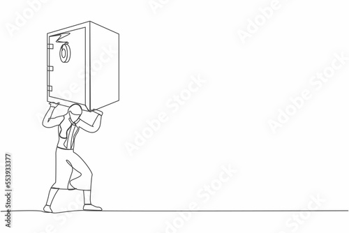 Single one line drawing frustrated businesswoman carrying heavy safe deposit box on her back. Money loss due to pandemic crisis. Debt and bankruptcy. Continuous line graphic design vector illustration