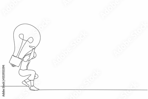 Single continuous line drawing frustrated businesswoman carrying light bulb on her back. No idea or vision after business failure, burnout or exhausted from crisis. One line design vector illustration