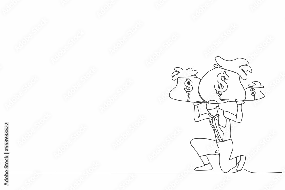 Continuous one line drawing frustrated businesswoman carrying money bag on her back. Finance crisis money fall down. Economic crash due to pandemic. Single line draw design vector graphic illustration